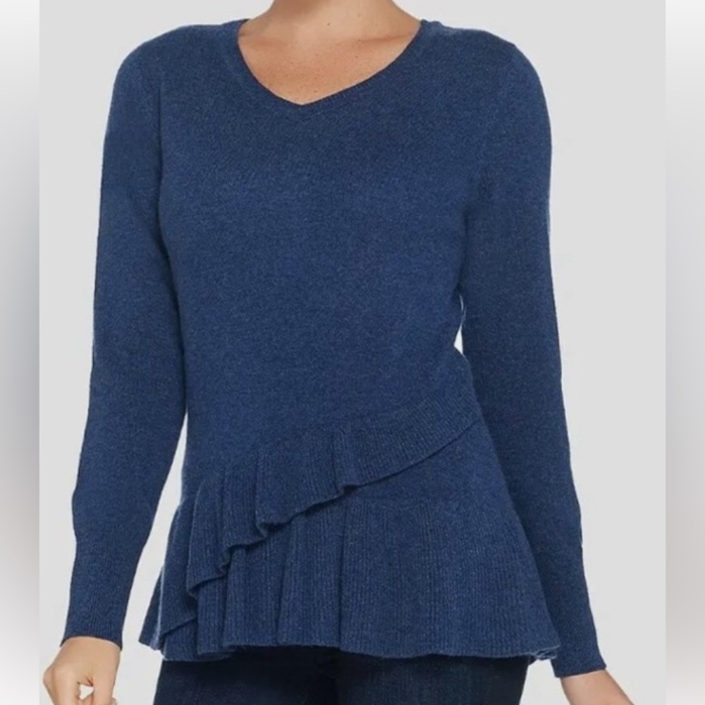 💯Cashmere Isaac Mizrahi Women's L Blue V-Neck Ruffle Peplum Cashmere Sweater